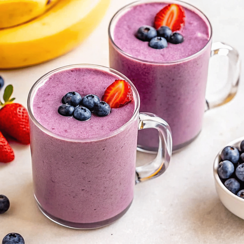 Banana Berry Protein Smoothie with fresh berries and mint garnish
