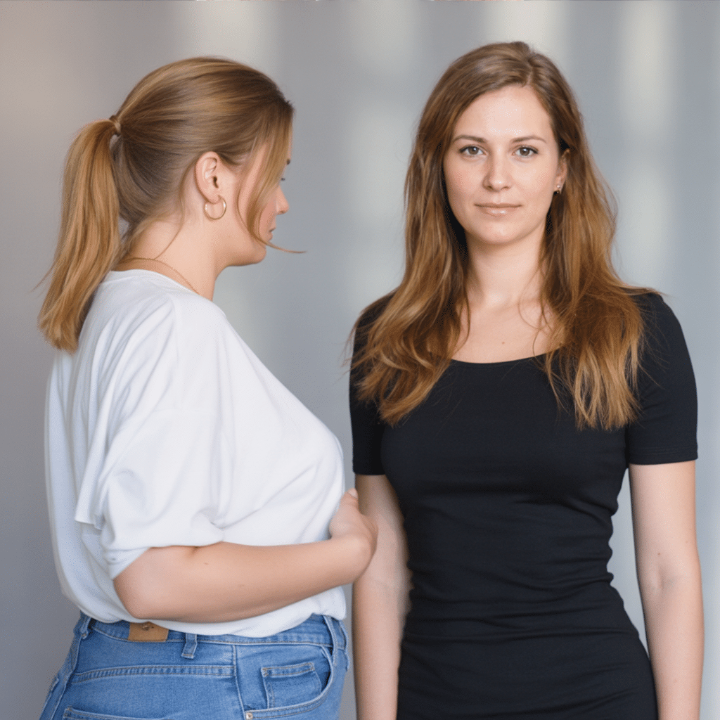 pink salt recipe for weight loss transformation of Hannah, woman with long light brown hair, casual white t-shirt and jeans in one image, fitted black dress in the other, confident pose against soft grey background