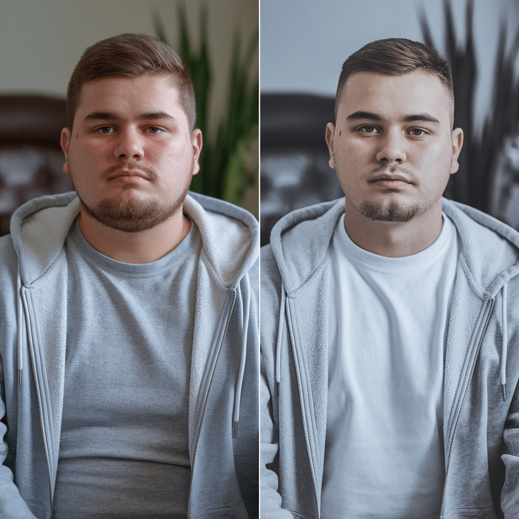pink salt recipe for weight loss transformation of Ethan, young man with short hair and trimmed beard, casual grey hoodie and t-shirt in one image, white t-shirt with same hoodie in the other, confident expression