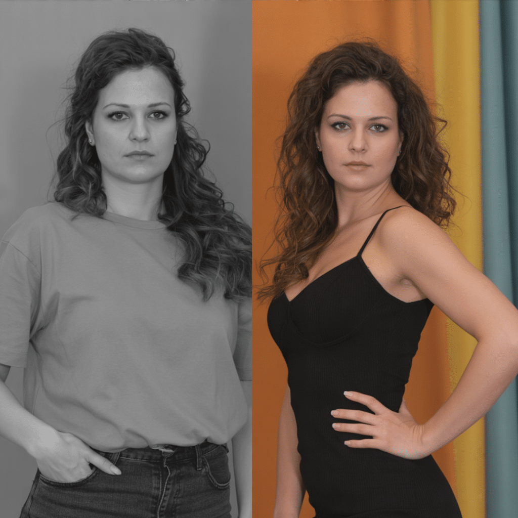 pink salt recipe for weight loss transformation of Lauren, woman with long curly brown hair, casual t-shirt and jeans in one image, fitted black dress in the other, confident pose against colorful backdrop