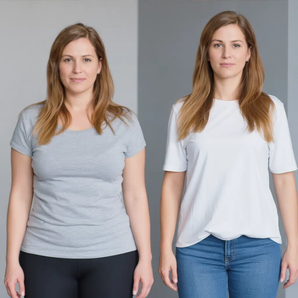 brazilian mounjaro recipe for weight loss transformation of Laura, woman with light brown hair, wearing grey fitted t-shirt and black leggings in one image, white t-shirt and blue jeans in the other, confident expression