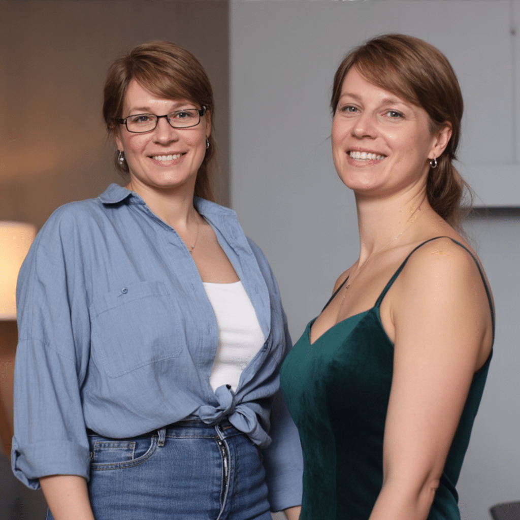 brazilian mounjaro recipe transformation of Sofia R., woman with light brown hair and glasses in one image wearing denim shirt and white top, in the other image wearing dark green velvet dress, smiling confidently