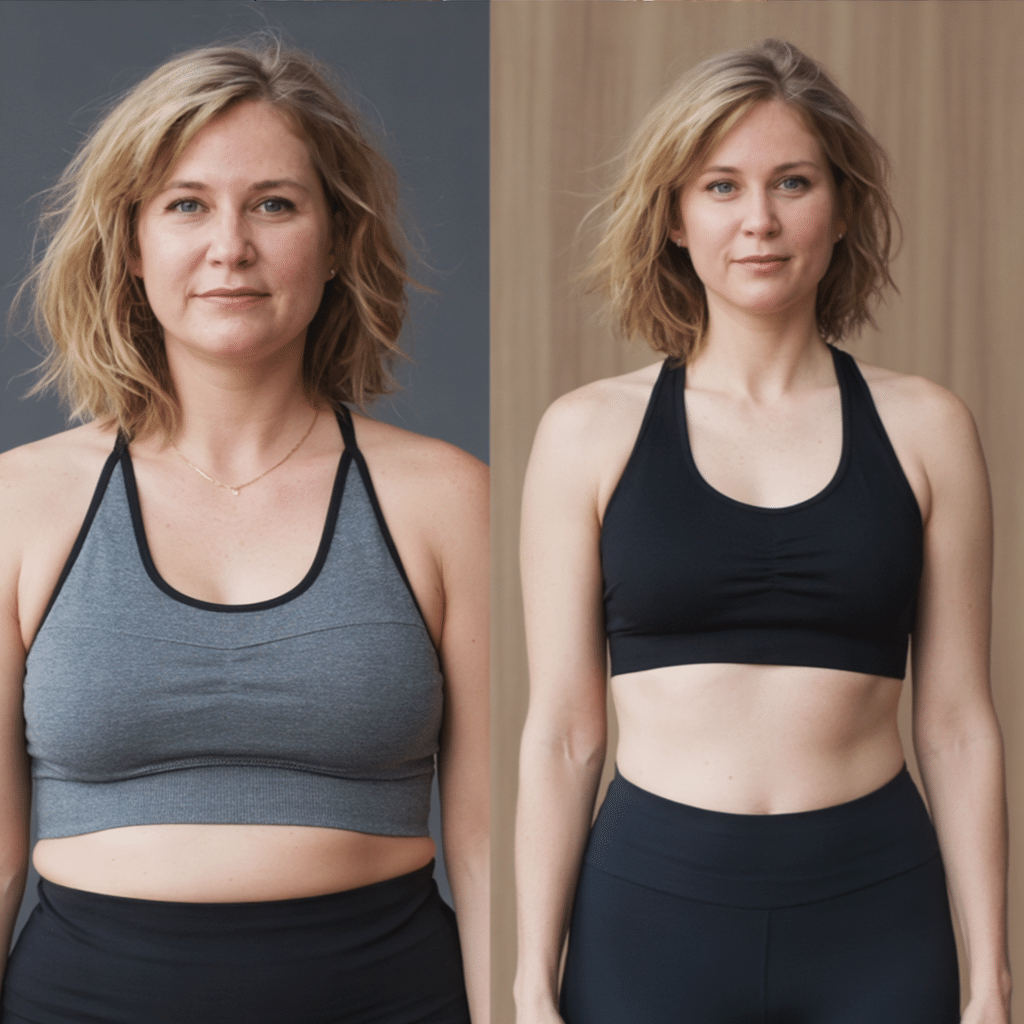 pink salt trick recipe weight loss transformation of Jessica T., fit blonde woman in sportswear, wearing grey athletic top in one image and black athletic top in the other, toned physique, confident expression