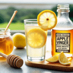 Natural Mounjaro Recipe – Ingredients laid out: ginger root, lemon, honey, and ACV on a cutting board.