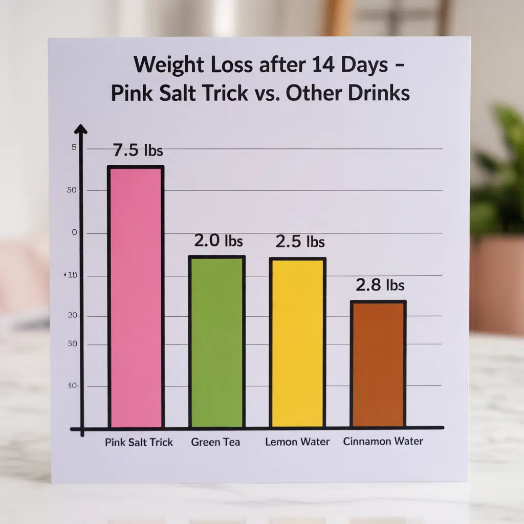 Pink Salt Weight Loss Recipe chart showing it as the highest compared to green tea, lemon water, and cinnamon water after 14 days.