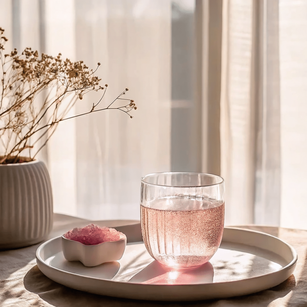 Pink Salt Trick Recipe – Flat lay of a success journal, pink salt drink, and lemon slices.