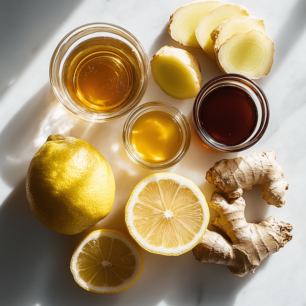 Natural Zepbound Recipe – Flat lay of ingredients: lemon, ginger, apple cider vinegar, and raw honey.