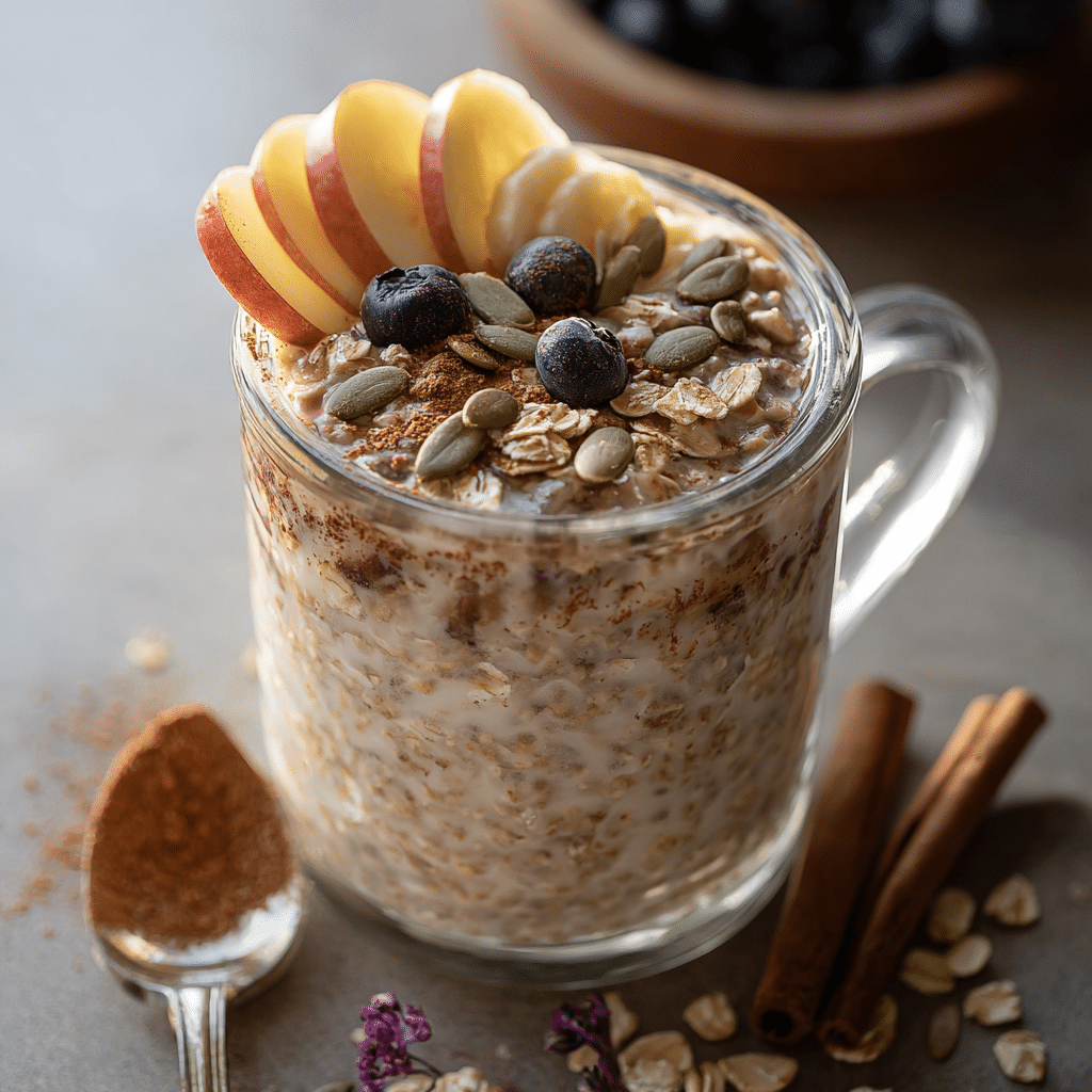 Apple Cinnamon Overnight Oats in a glass mug topped with banana slices, apple wedges, blueberries, pumpkin seeds, and syrup drizzle.