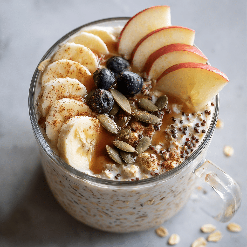 Glass mug filled with Apple Cinnamon Overnight Oats topped with banana slices, blueberries, apple wedges, pumpkin seeds, and a drizzle of syrup.