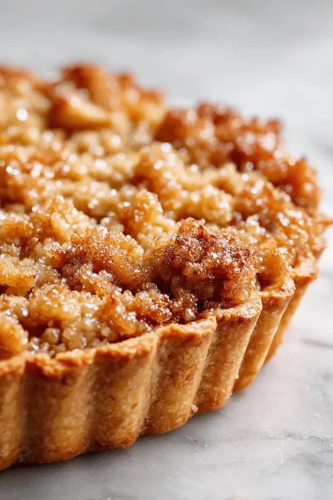Close-up of a slice of Costco Twice-Baked Pie with golden crumble topping and caramelized apple filling on a white plate.