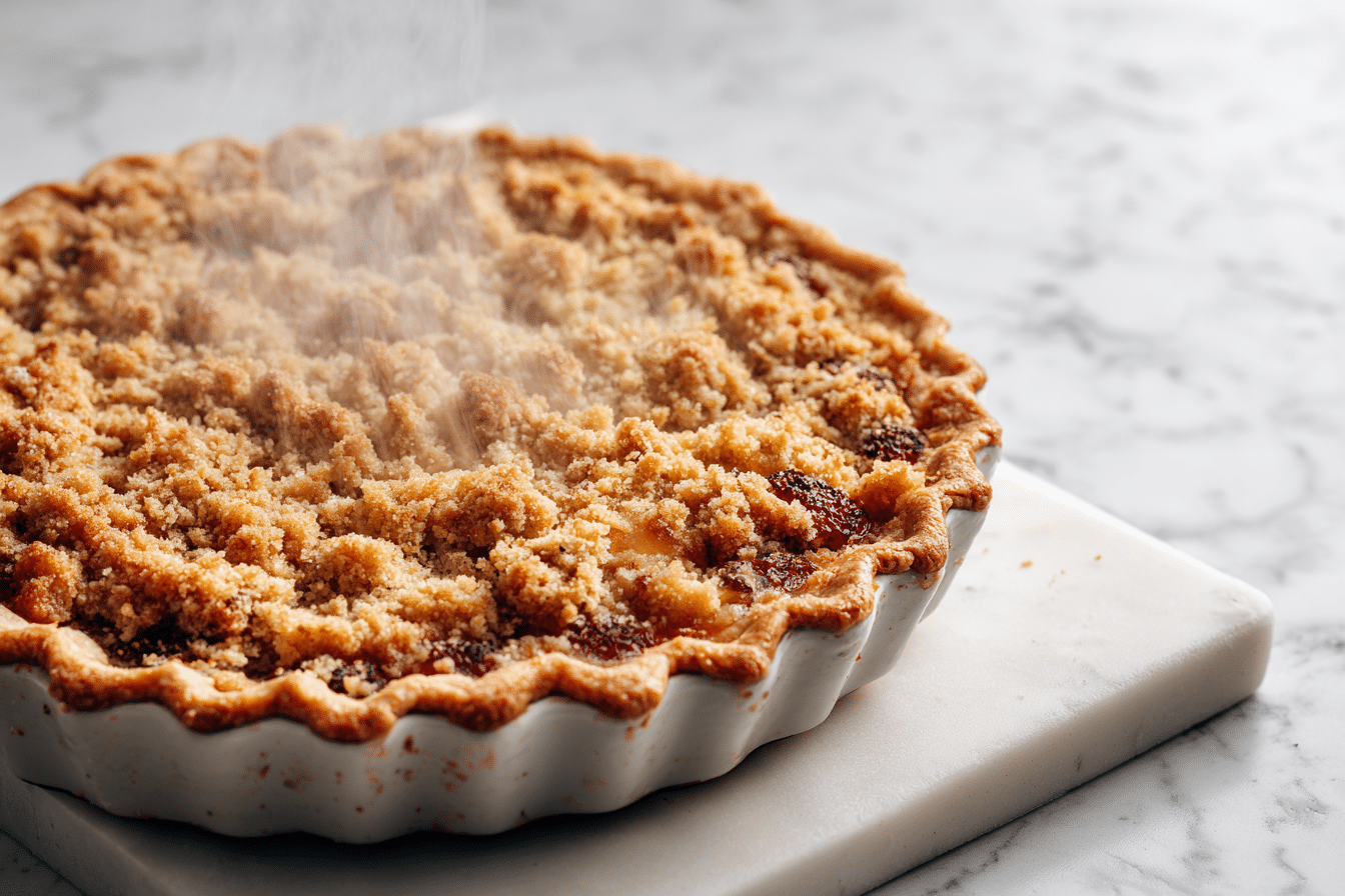 Costco Twice-Baked Pie slice with caramelized apple filling and a golden brown streusel topping.