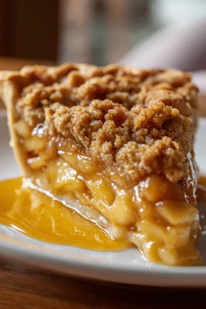 A slice of Costco Twice-Baked Pie featuring cinnamon-spiced apple filling and a golden brown crumb topping on a white plate.