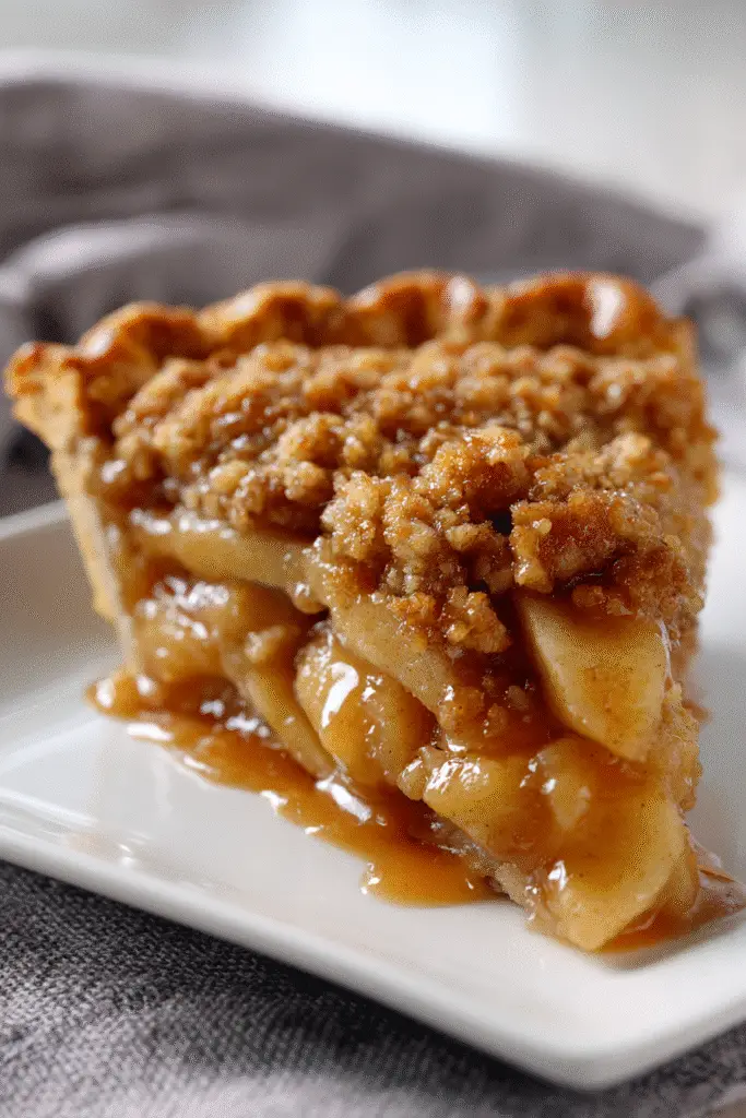 A thick slice of Costco Twice-Baked Pie showing gooey caramel and apple layers with a golden crumb topping.