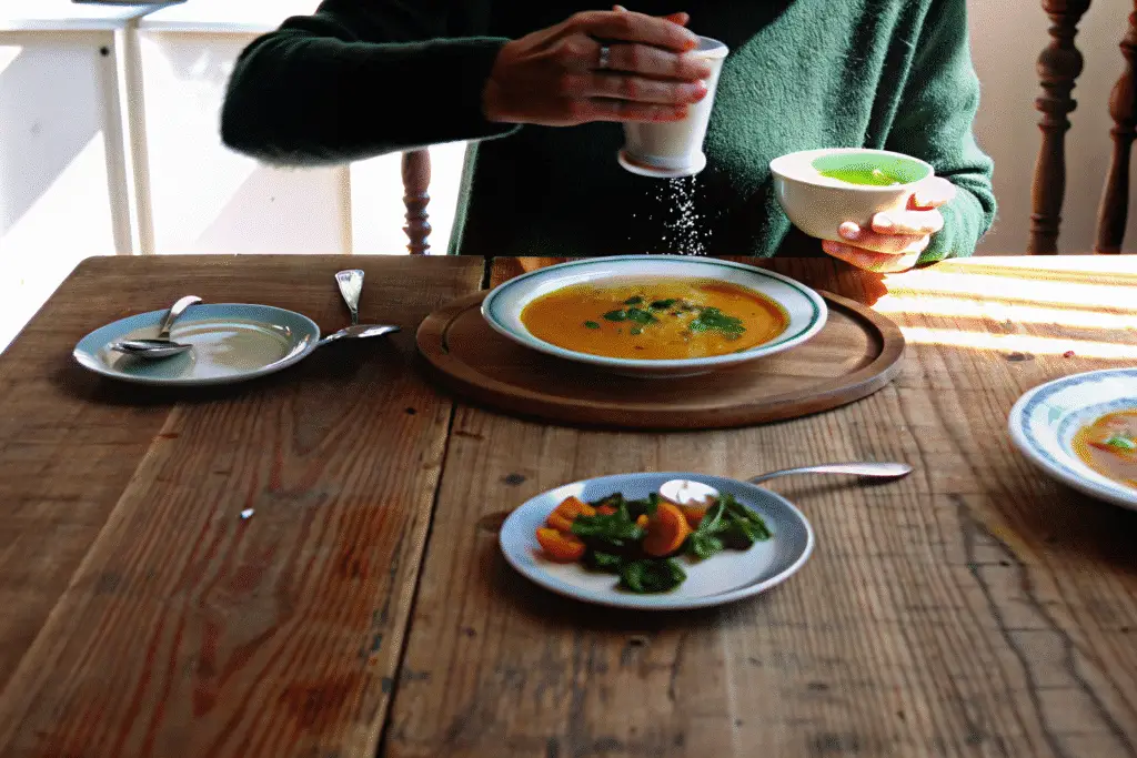 Healthy fiber-rich soup and greens being seasoned, part of a fibermaxxing-friendly meal.