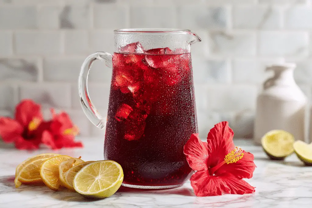 wo glasses of chilled hibiscus water with lemon and ice