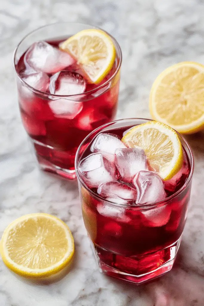 Hibiscus flowers and dried petals with a glass of hibiscus water