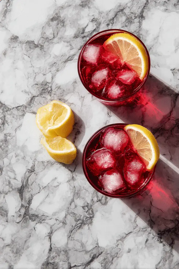 Hibiscus water benefits shown in a tall glass pitcher with citrus and flowers