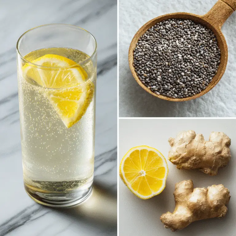 Ginger Water with Chia Seeds shown with a glass of lemon-infused water, a spoonful of chia seeds, fresh ginger root, and lemon slices.