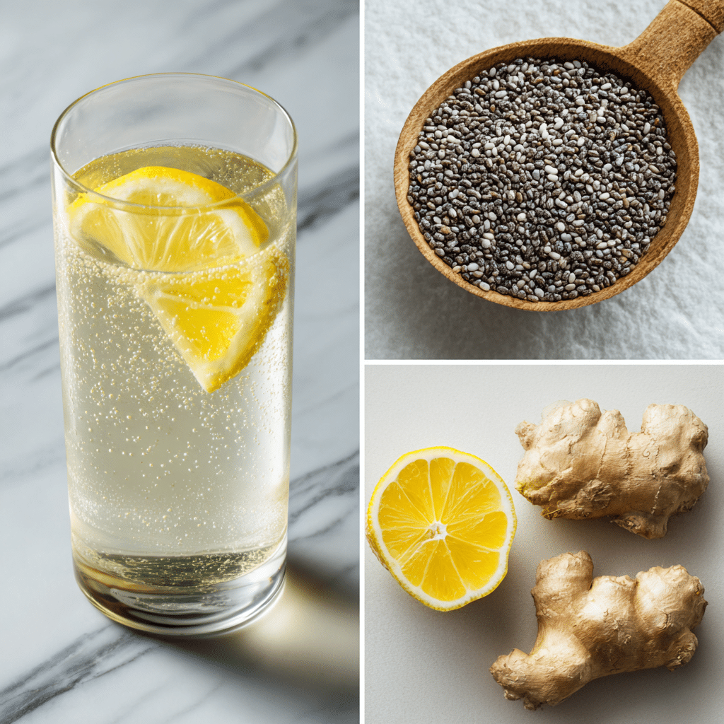 Ginger Water with Chia Seeds shown with a glass of lemon-infused water, a spoonful of chia seeds, fresh ginger root, and lemon slices.