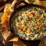 Creamy Olive Garden Spinach Artichoke Dip served hot in a skillet with tortilla chips and bread on a rustic wooden table.