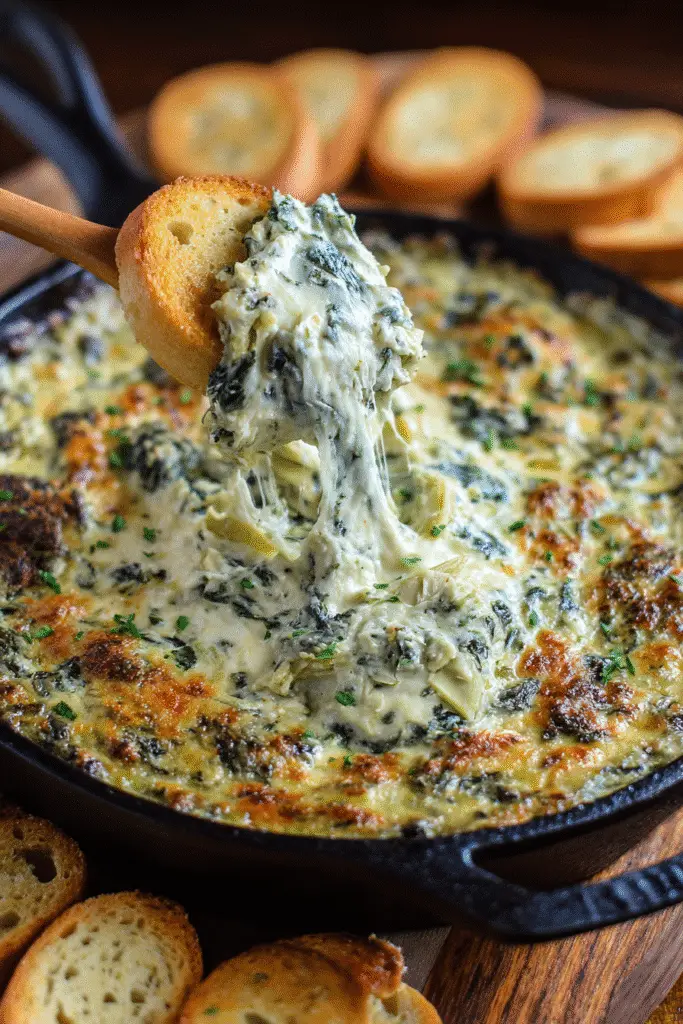 Olive Garden Spinach Artichoke Dip in a cast-iron skillet, topped with golden melted cheese and fresh parsley, served with tortilla chips and bread.