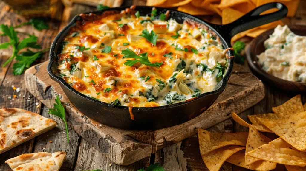 Olive Garden Spinach Artichoke Dip baked in a skillet, topped with melted cheese and parsley, served with chips and bread.