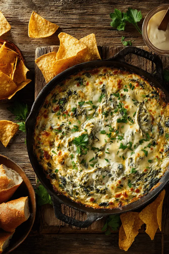 Olive Garden Spinach Artichoke Dip served hot in a skillet with melted cheese, fresh parsley, tortilla chips, and bread on the side.