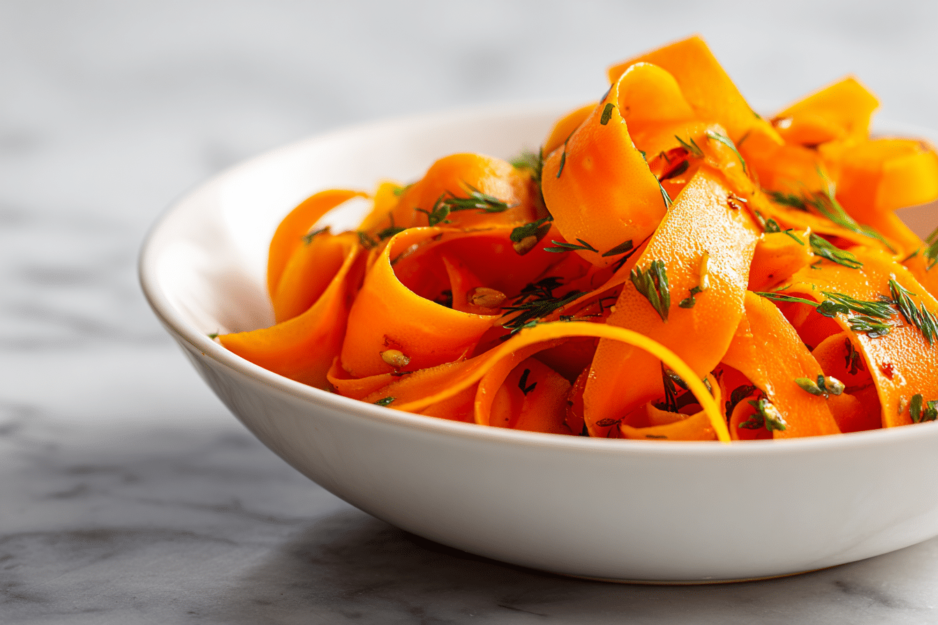 Ribbon Carrot Salad with sesame seeds and fresh herbs served on a white plate.