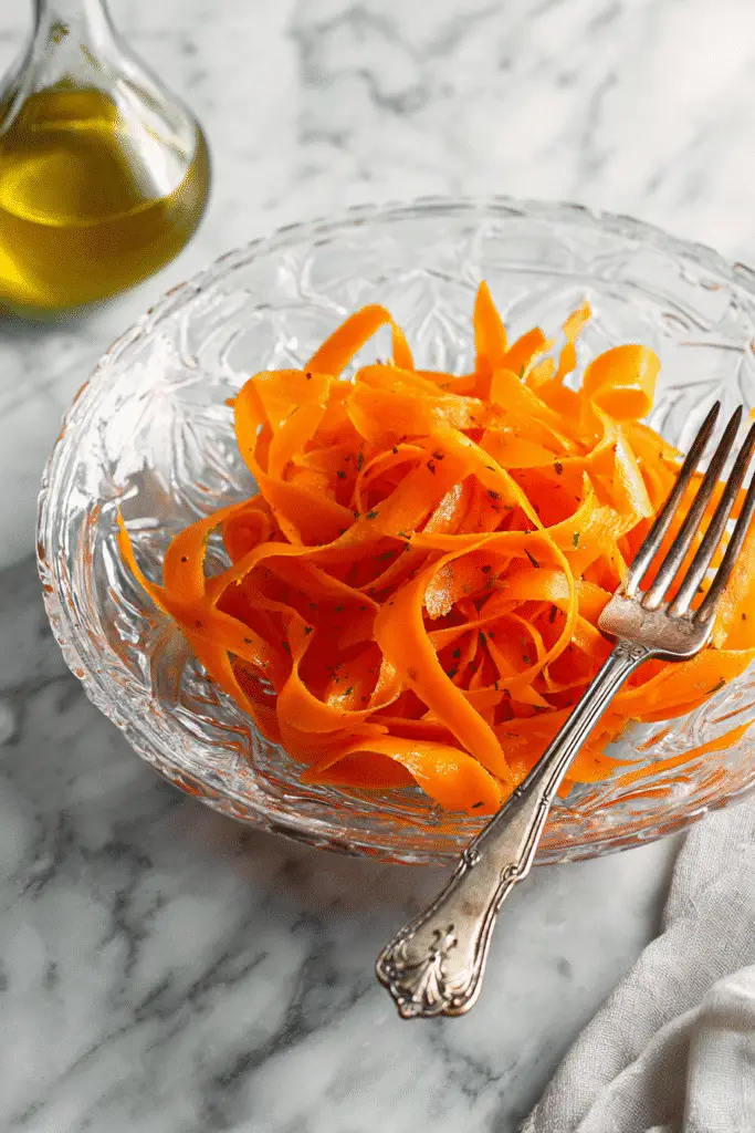 Fresh ribbon carrot salad garnished with sesame seeds and herbs on a white plate.