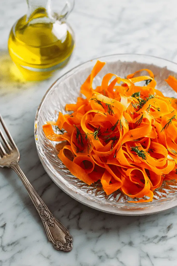 Ribbon Carrot Salad with sesame seeds and fresh herbs served on a white ceramic plate.