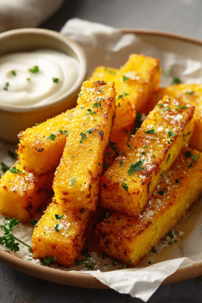 Crispy, golden fries made from Trader Joe's Organic Polenta, topped with fresh herbs and Parmesan, served with a side of marinara sauce.