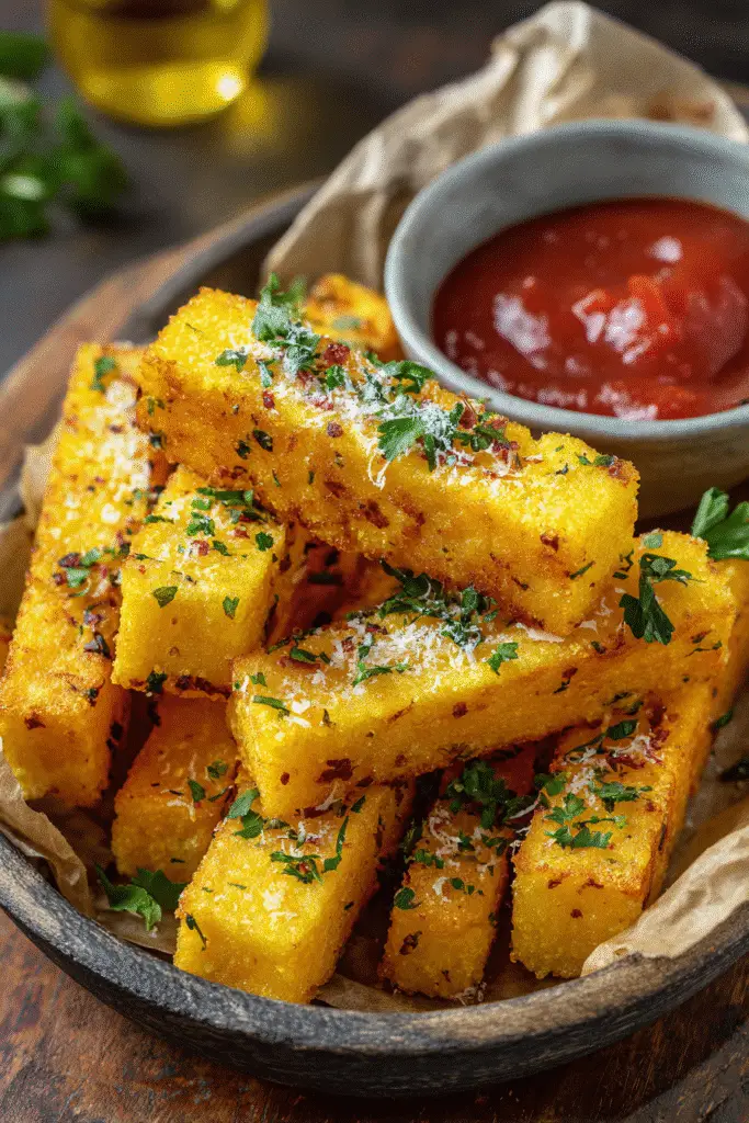 Crispy fries made from Trader Joe's Organic Polenta, topped with herbs and Parmesan, served with a side of marinara sauce.