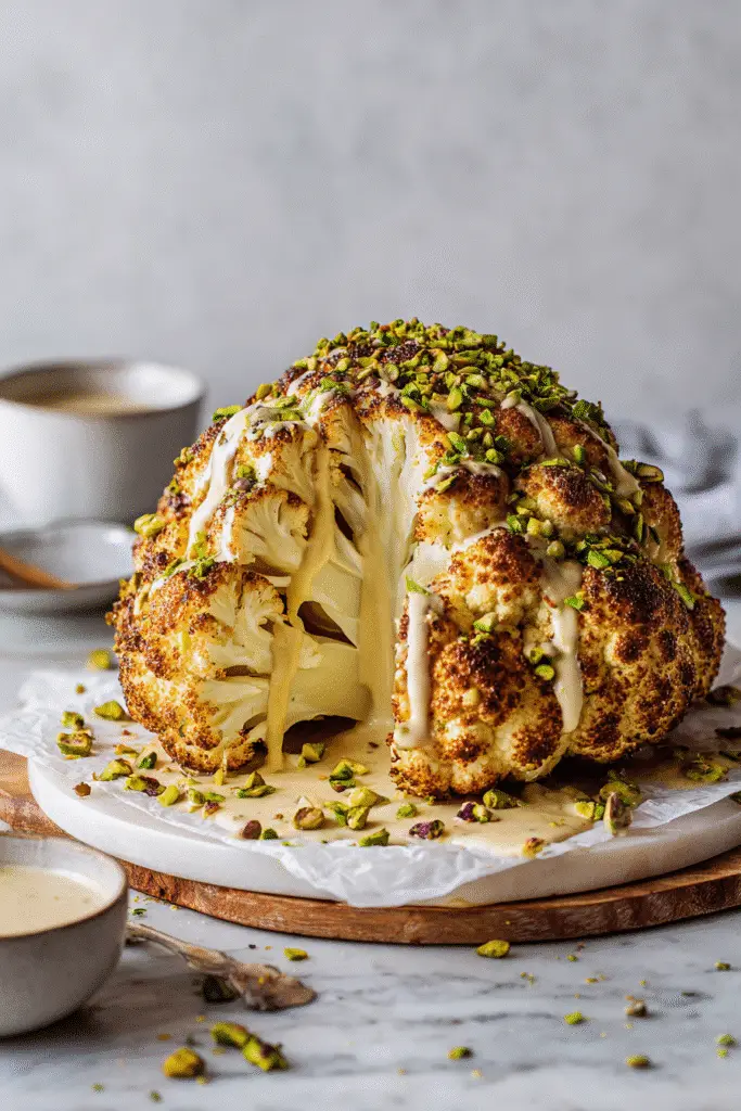 Whole roasted cauliflower drizzled with tahini and sprinkled with chopped pistachios and parsley on a marble background.