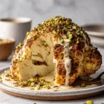 Whole roasted cauliflower topped with tahini sauce, chopped pistachios, and fresh herbs on a white marble background.