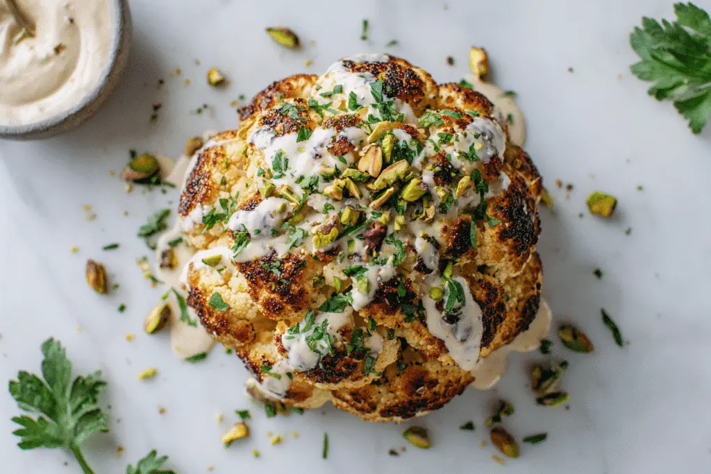 Whole roasted cauliflower topped with creamy tahini sauce, chopped pistachios, and fresh herbs on a marble surface.