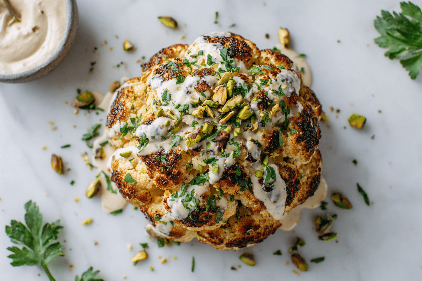 Whole roasted cauliflower topped with creamy tahini sauce, chopped pistachios, and fresh herbs on a marble surface.