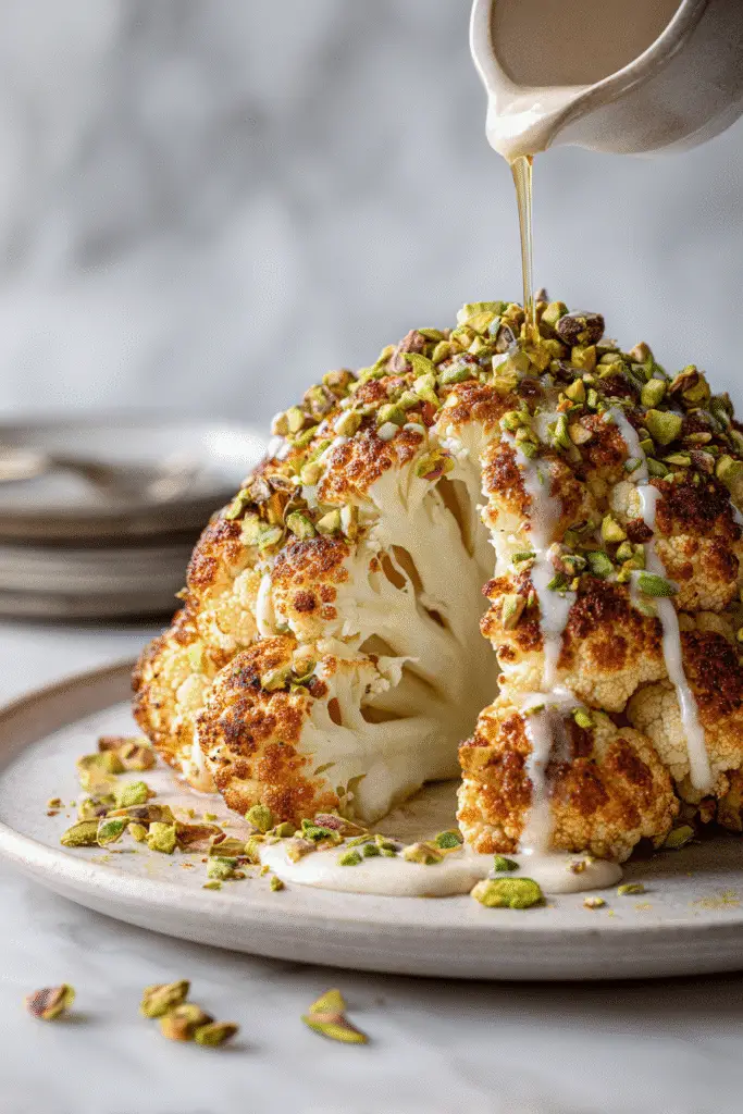 Whole roasted cauliflower garnished with tahini sauce, chopped pistachios, and parsley on a white marble surface.