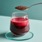 beetroot juice and chia seeds in a clear glass with a spoonful of chia seeds above, healthy superfood drink on light blue background