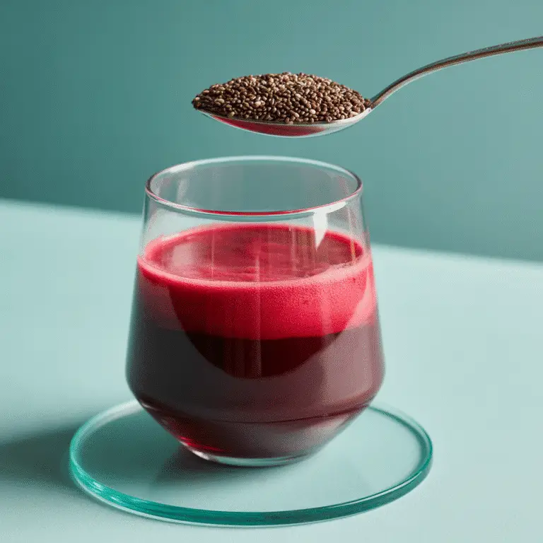 beetroot juice and chia seeds in a clear glass with a spoonful of chia seeds above, healthy superfood drink on light blue background