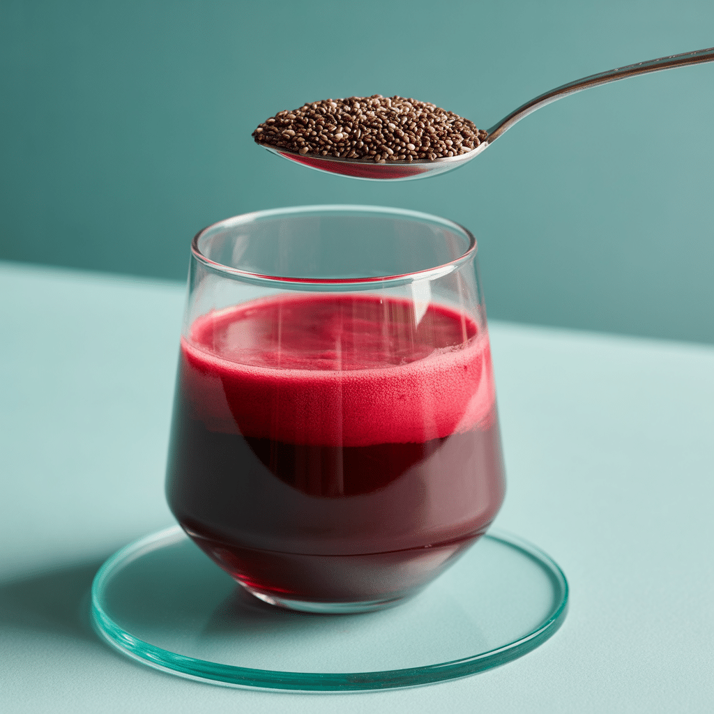 beetroot juice and chia seeds in a clear glass with a spoonful of chia seeds above, healthy superfood drink on light blue background