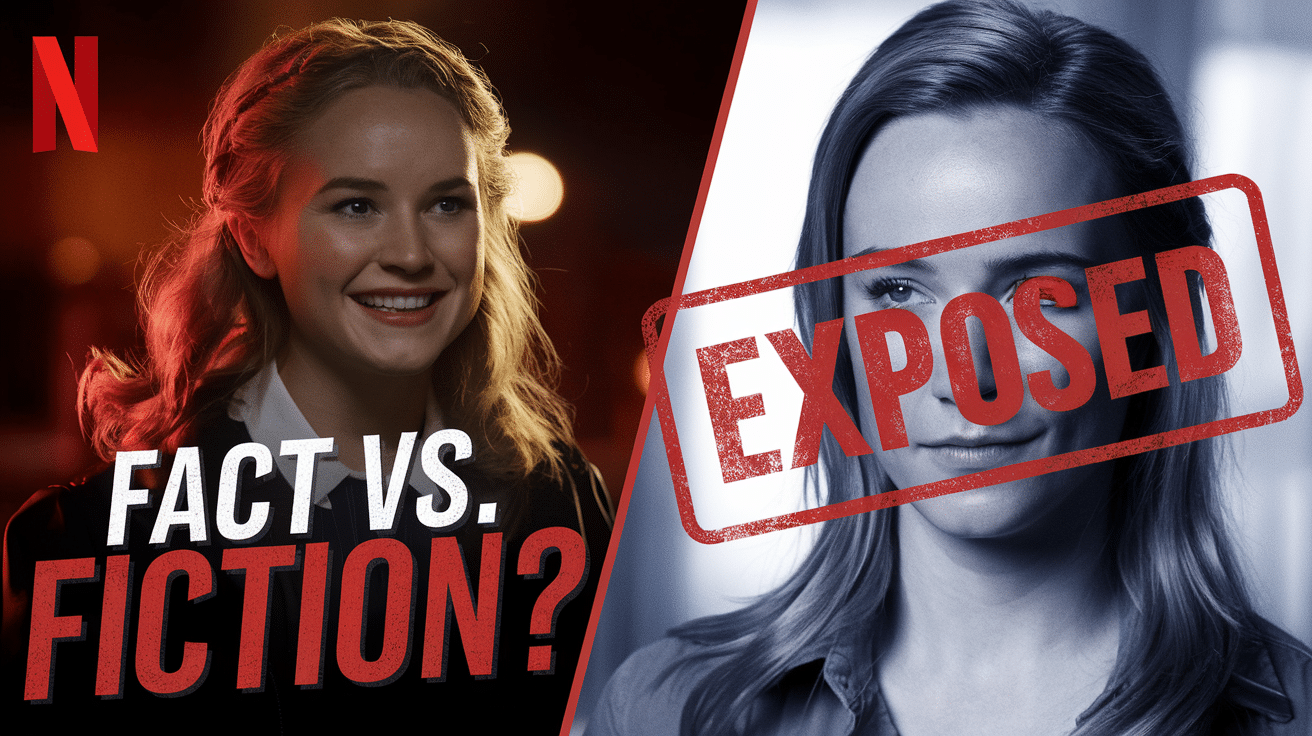 Belle Gibson Netflix fact vs fiction promotional image with exposed stamp.