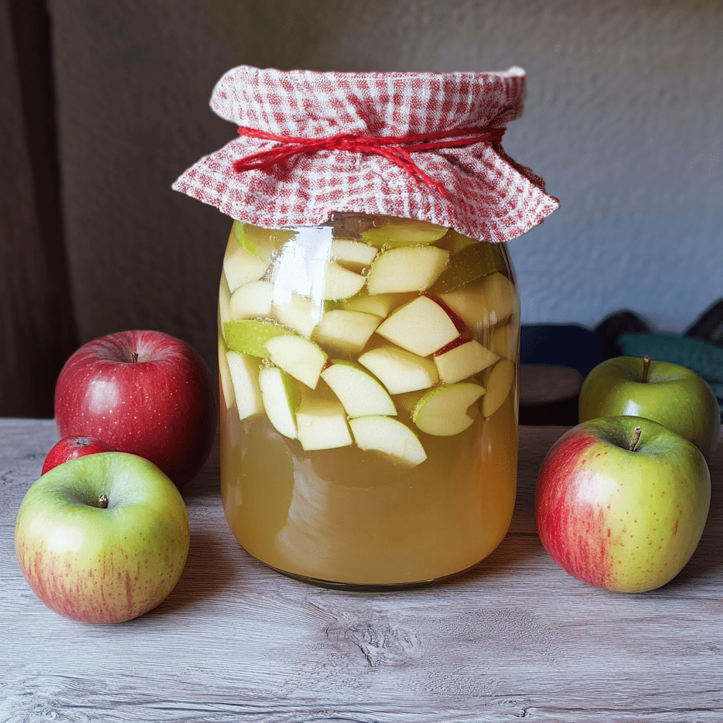 Belle Gibson homemade apple cider vinegar in a glass jar with sliced green and red apples on a wooden table.