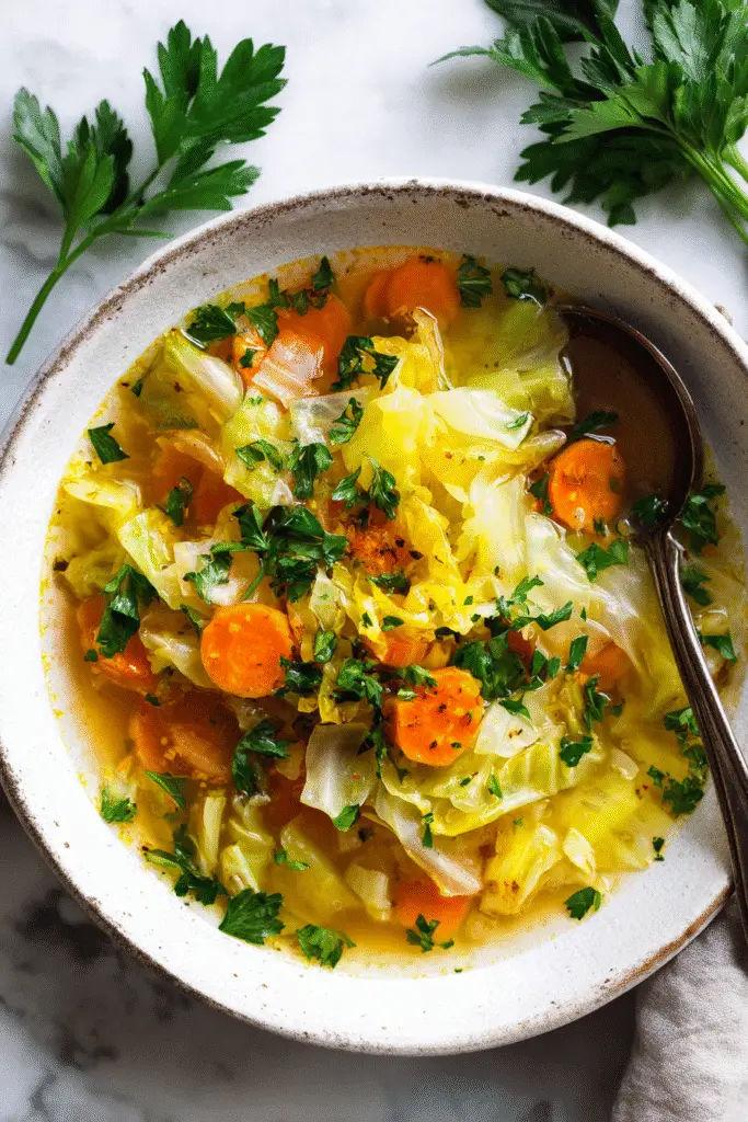 Easy cabbage soup recipe served in a rustic white bowl