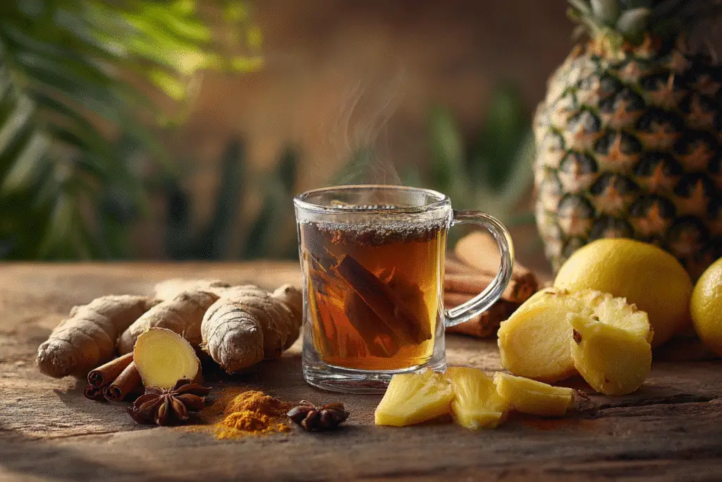 Hero Image: “Steaming Costa Rican tea recipe for weight loss with ginger, turmeric, cinnamon, pineapple, and lemon-verbena