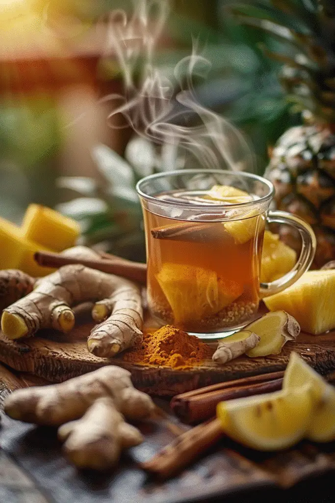 ifestyle Shot: “Cozy Costa Rican morning scene with herbal tea for weight loss and tropical fruit