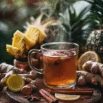 Ingredients Flat Lay: “Costa Rican tea ingredients for weight loss including ginger, turmeric, pineapple core, and lemon-verbena