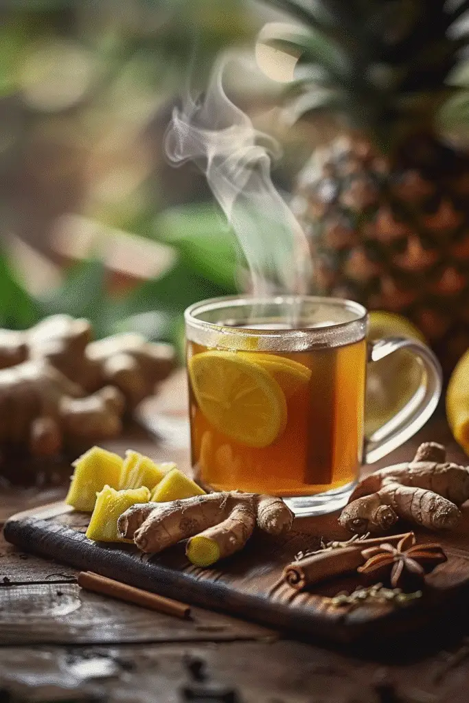 Pouring Shot: “Golden Costa Rican herbal tea being poured into a rustic mug for weight loss support