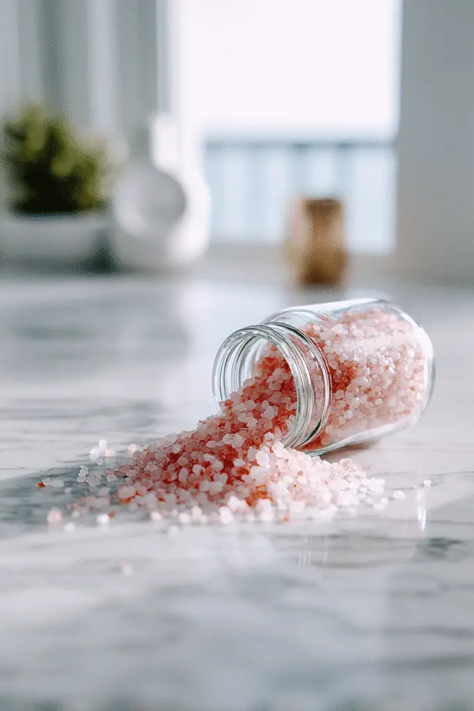 Strawberry salt in a glass jar on white marble background