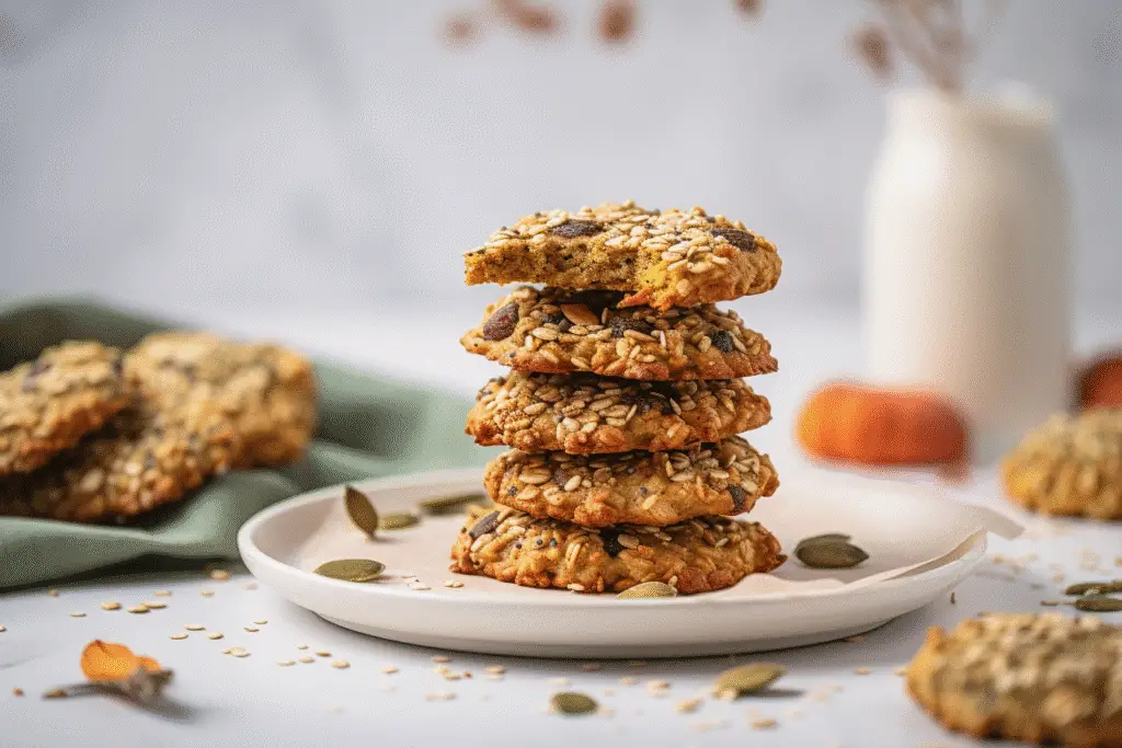 Seedy quinoa breakfast cookies stacked on marble countertop