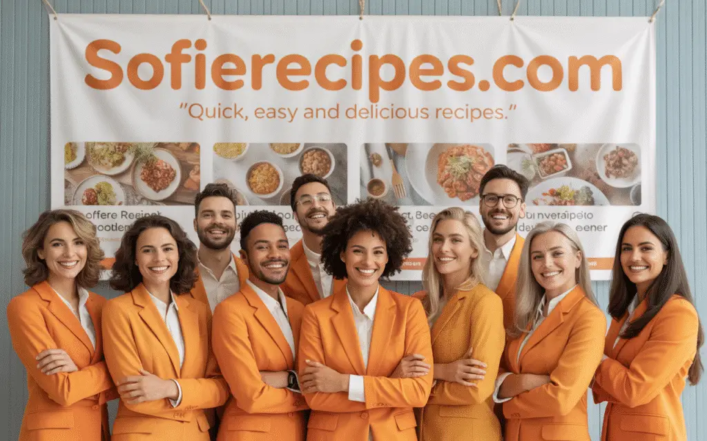 Sofie Recipes team in orange blazers standing in front of banner with Sofierecipes.com, representing the brand’s mission of healthy and simple recipes.